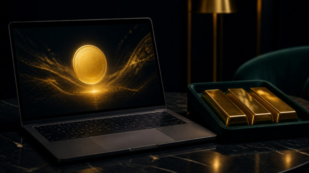 Laptop showing a gold coin next to a tray of real gold bars