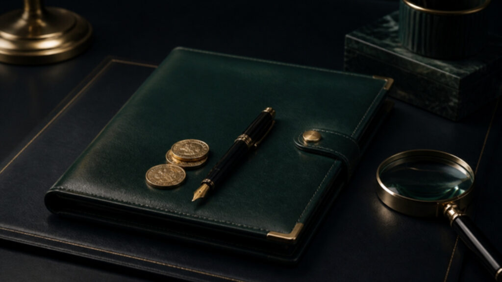 Leather document folder with gold coins, a fountain pen and a magnifying glass