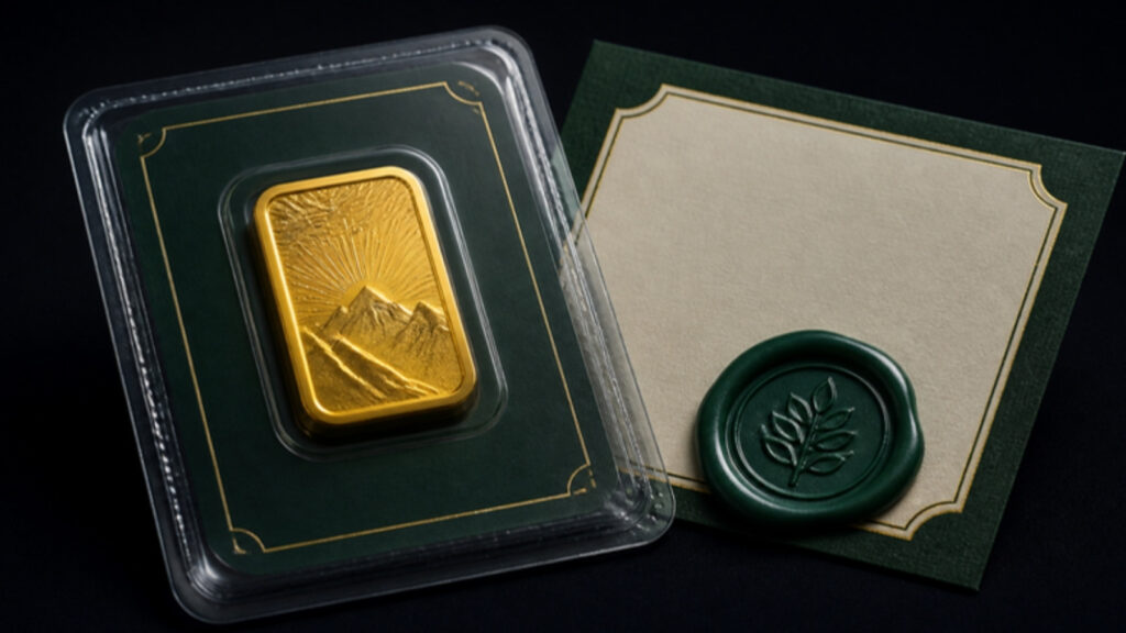 Sealed gold bar in tamper-evident packaging with a certificate card and wax seal