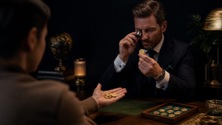Dealer examining a gold coin with a loupe while a customer offers more coins