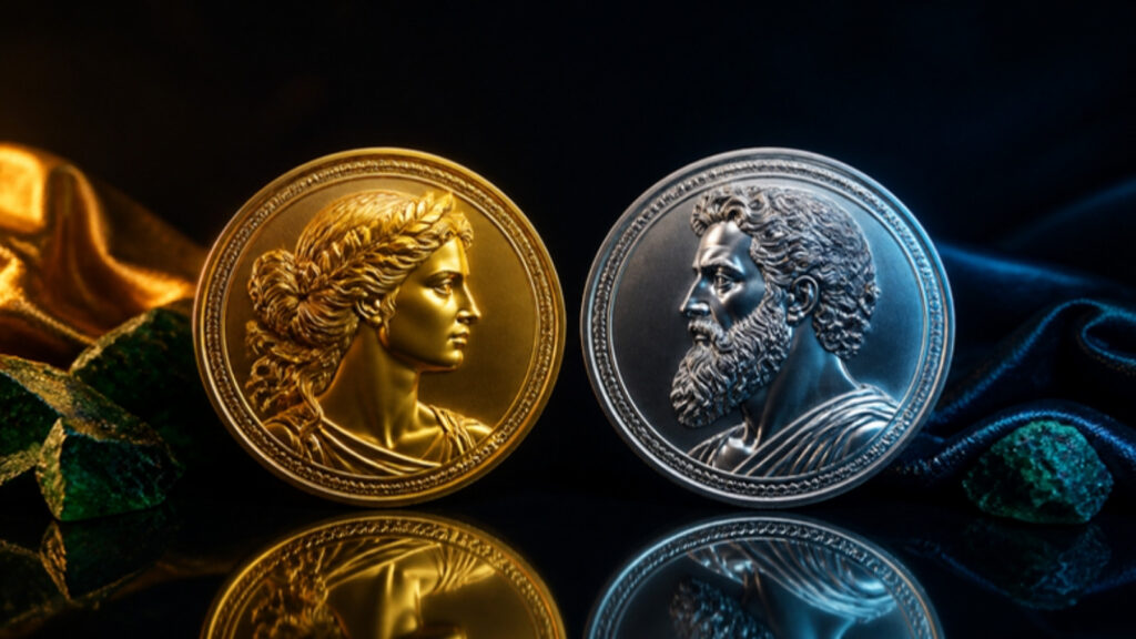 A gold coin and a silver coin side by side on a reflective surface