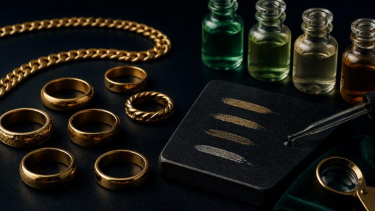 Gold rings and chain beside a touchstone and acid test bottles