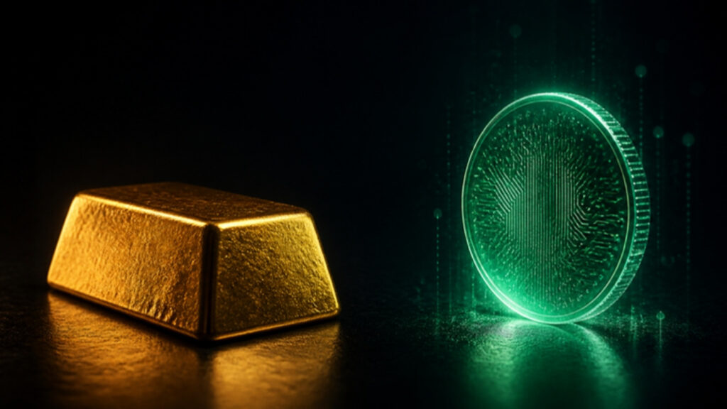 A gold bar facing a glowing green digital coin