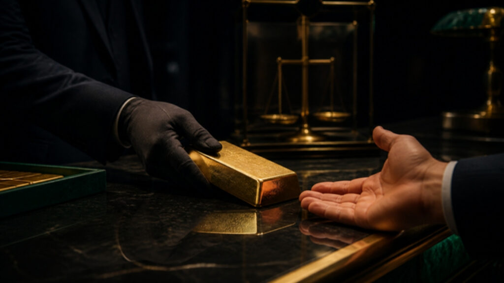 Gold bar slid across a dark counter toward a buyer's hand, with a balance scale behind