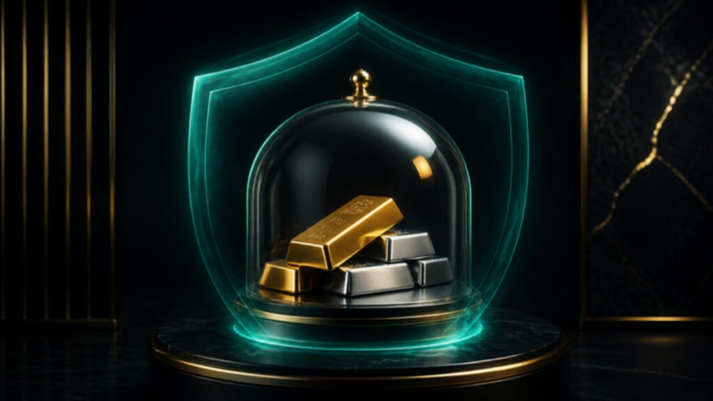 Gold and silver bars under a glass dome inside a glowing protective shield