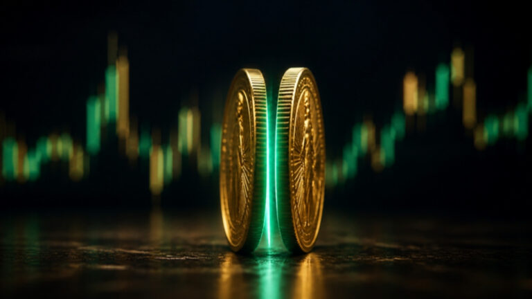 Two gold coins on edge with a glowing green gap between them and a trading chart behind