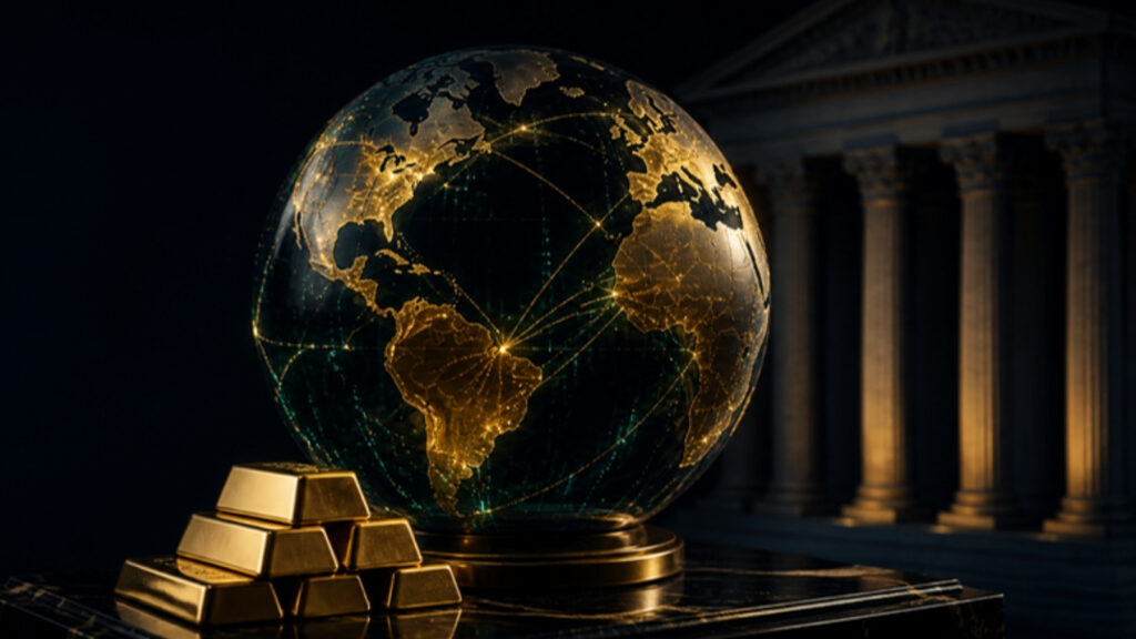 Glass globe with glowing gold routes, gold bars and central bank columns