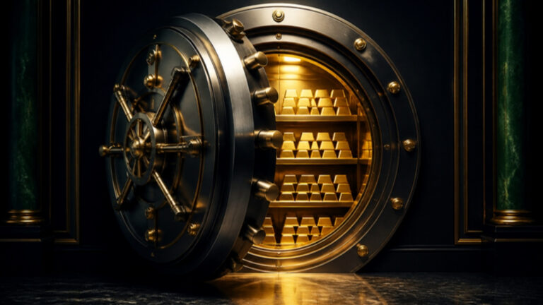 Open bank vault door revealing stacked gold bars