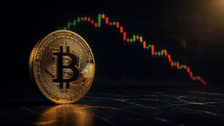 Монета Bitcoin пред падаща свещна графика